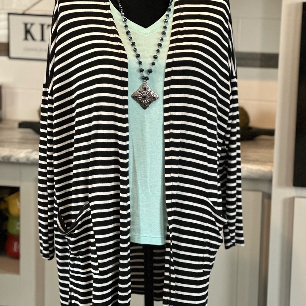 Teas True Black and White Striped Cardigan